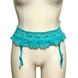 VICTORIA’S SECRET turquoise blue chantilly stretch lace ruffle garter belt XS/S